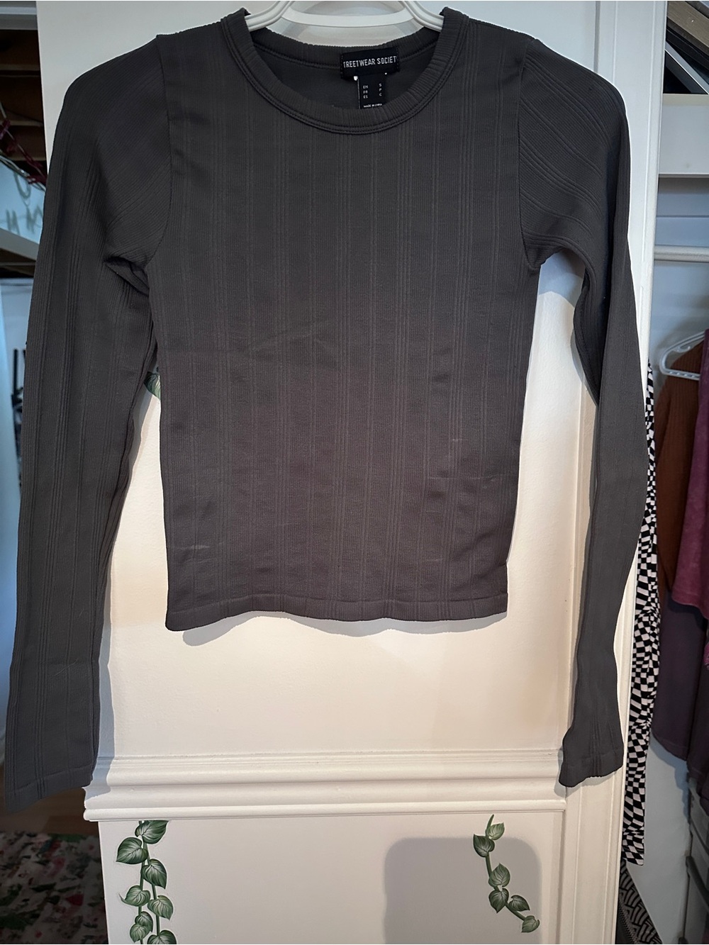 Streetwear Society Charcoal Rib-Knit Crewneck Long Sleeve Top